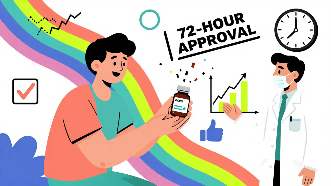 Patient receiving brand medication with success symbols and stabilizing lab graphs in vibrant style