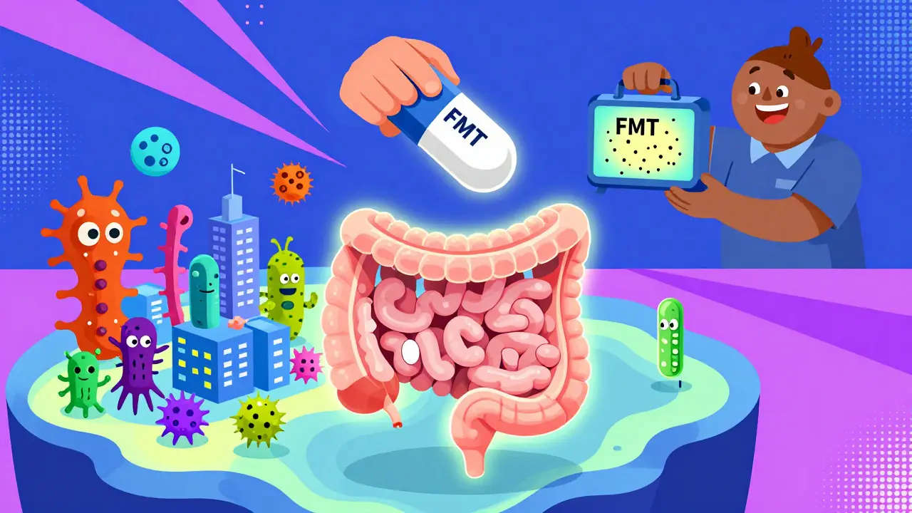 Patient receiving FMT capsule as healthy microbes rebuild gut city in colorful abstract style