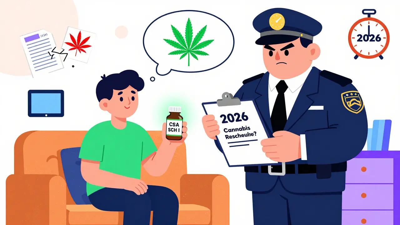 Patient with Schedule II pill bottle beside DEA agent, cannabis transforming from red to green