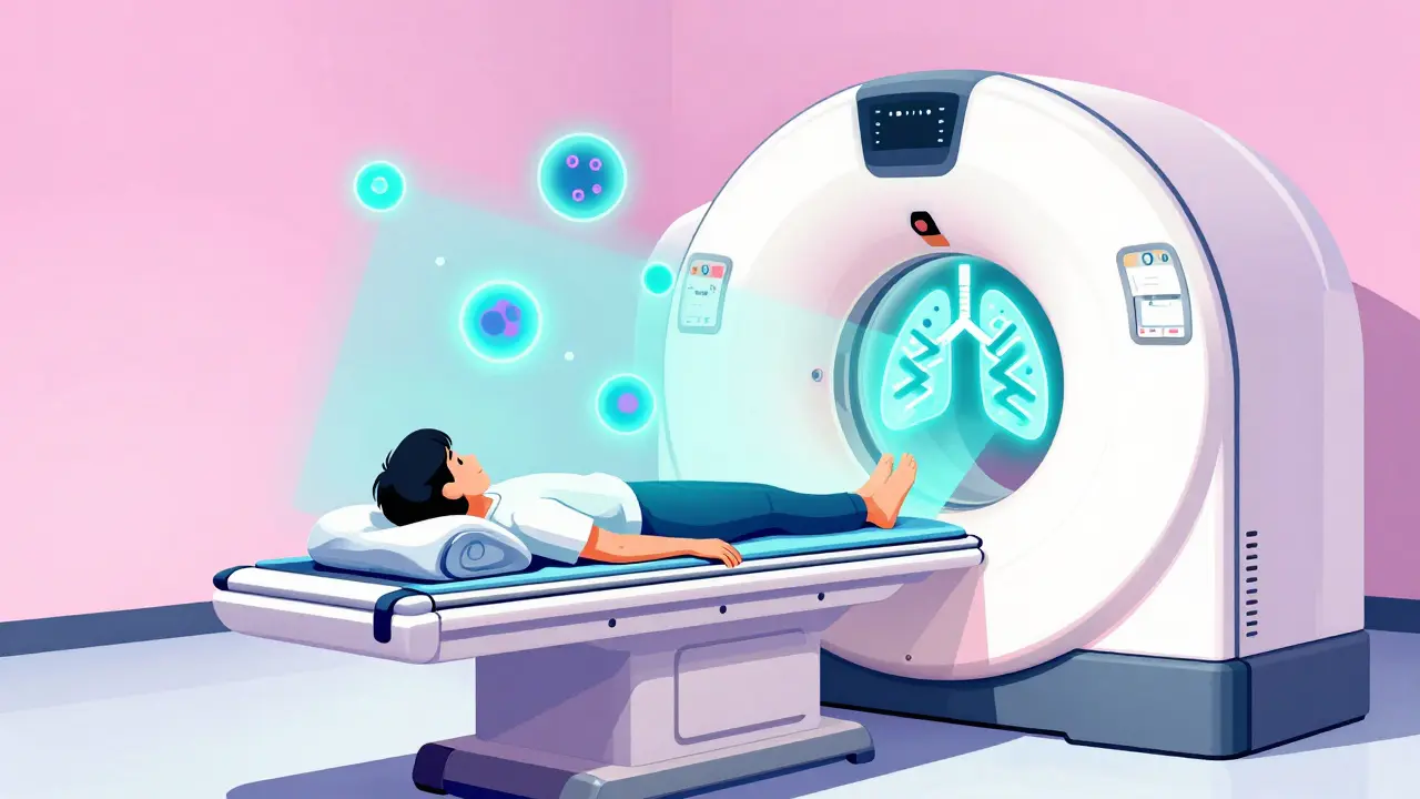 Person in a cartoon CT scanner with floating lung nodules of different sizes in bold Memphis style.