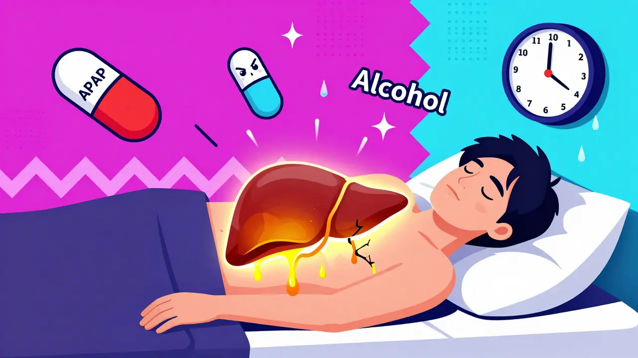 Person with a cracked liver and floating pills in bold geometric Memphis style