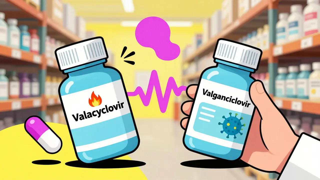 Pharmacist reaching for two similarly packaged bottles with confusing drug names in a busy warehouse.