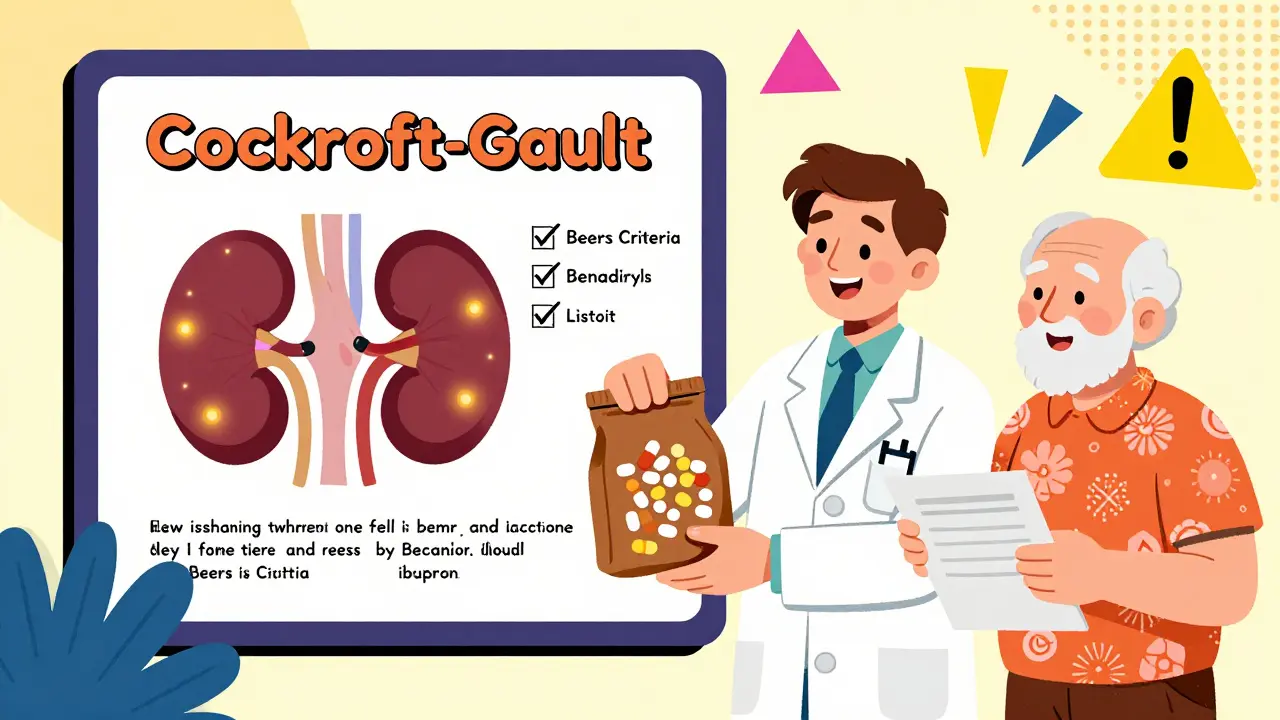 Pharmacist reviewing pills from a brown bag beside a whimsical body chart with glowing organs and warning symbols.