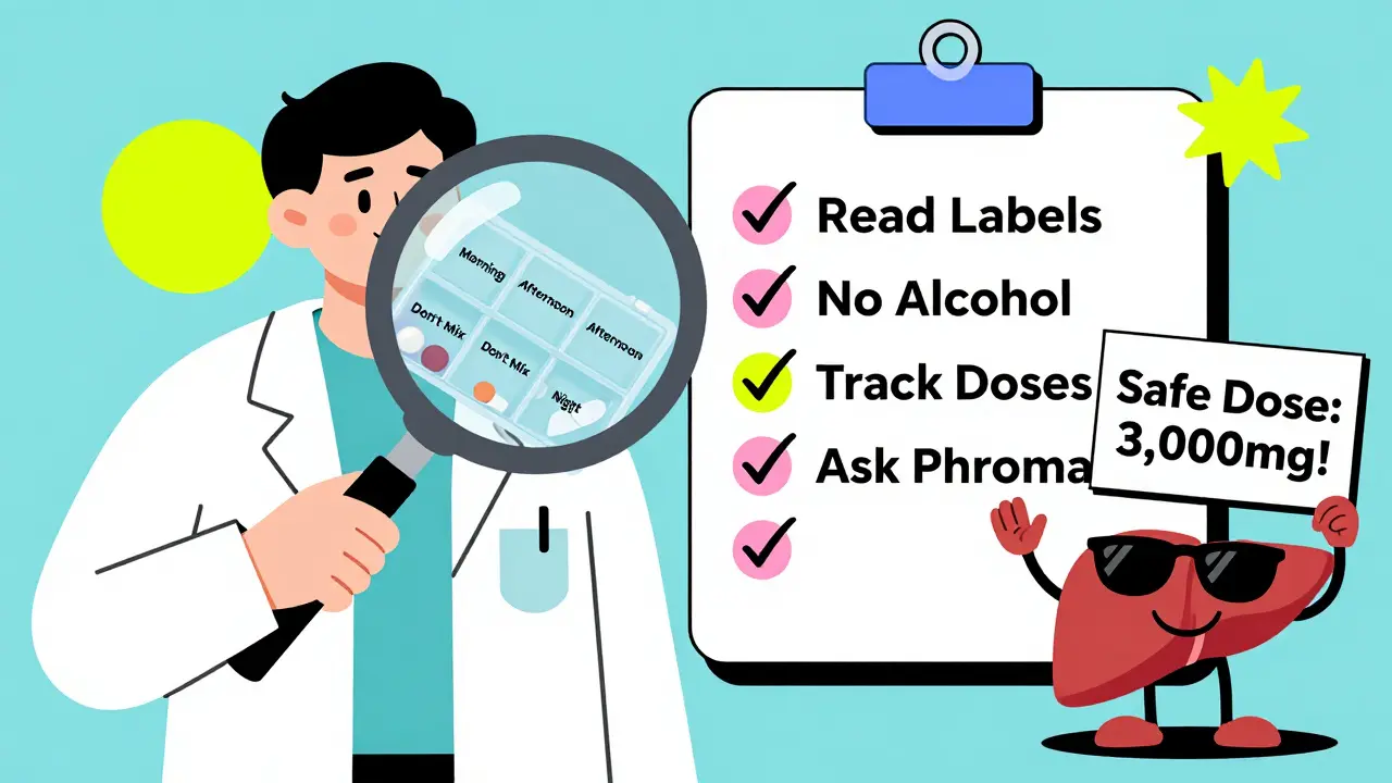 Pharmacist using magnifying glass over pill organizer with safety checklist in Memphis style