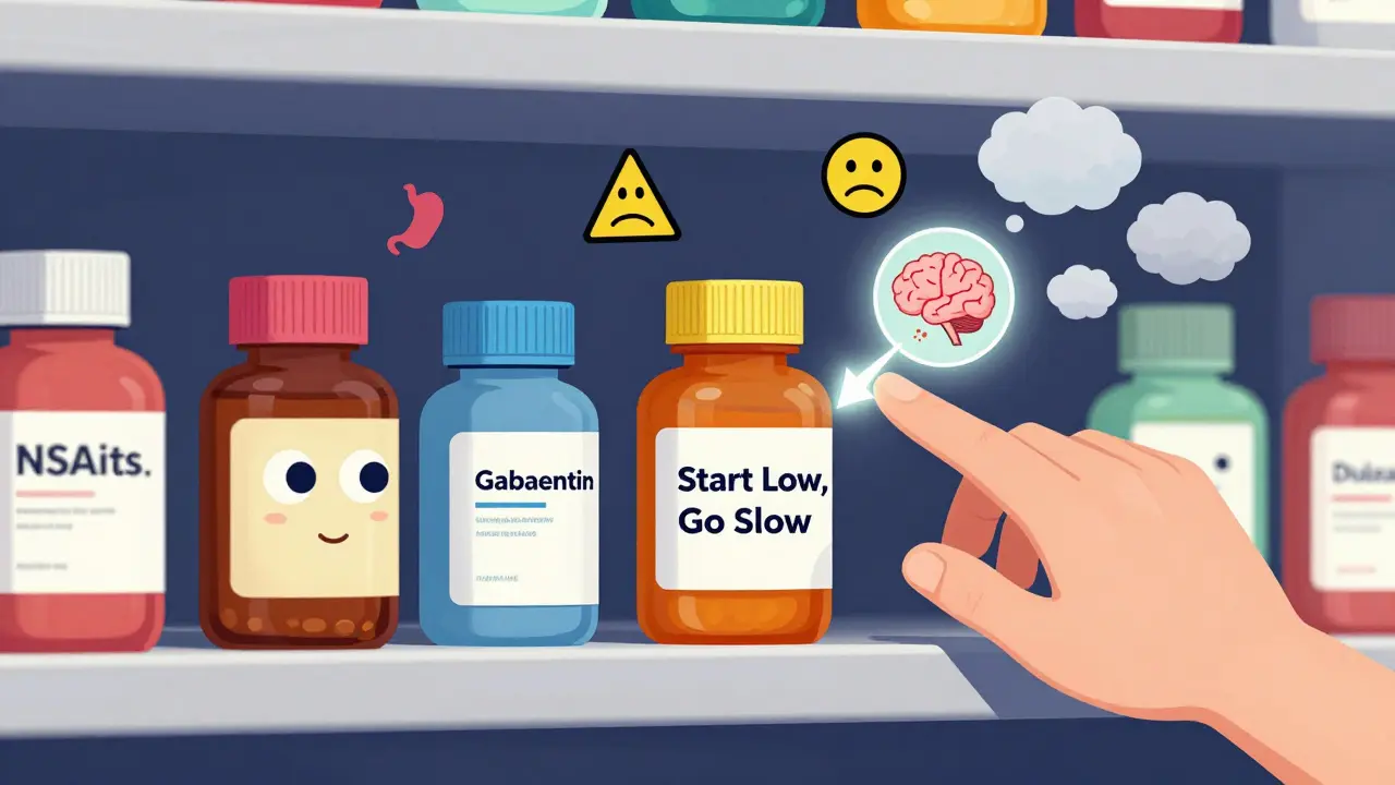 Quirky medicine bottles with faces on a shelf, one labeled 'Start Low, Go Slow' with brain pain signal