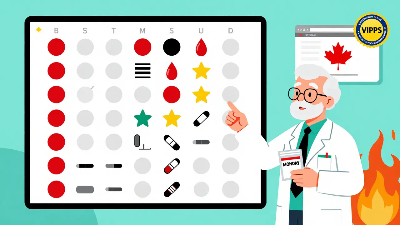 Senior holding single-dose pill pouch with pharmacist pointing to a visual master medication list.