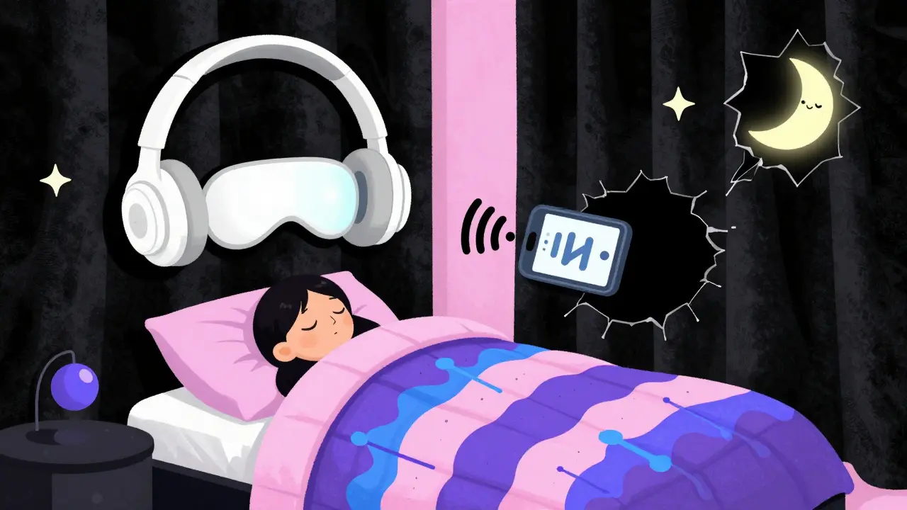 Sleeping person in a darkened room with oversized earplugs, sleep mask, and Wi-Fi being sucked into a black hole.