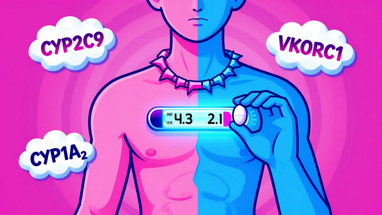 Split-body figure with warfarin and birth control pill sides, glowing INR meter showing opposing values in bold geometric design.