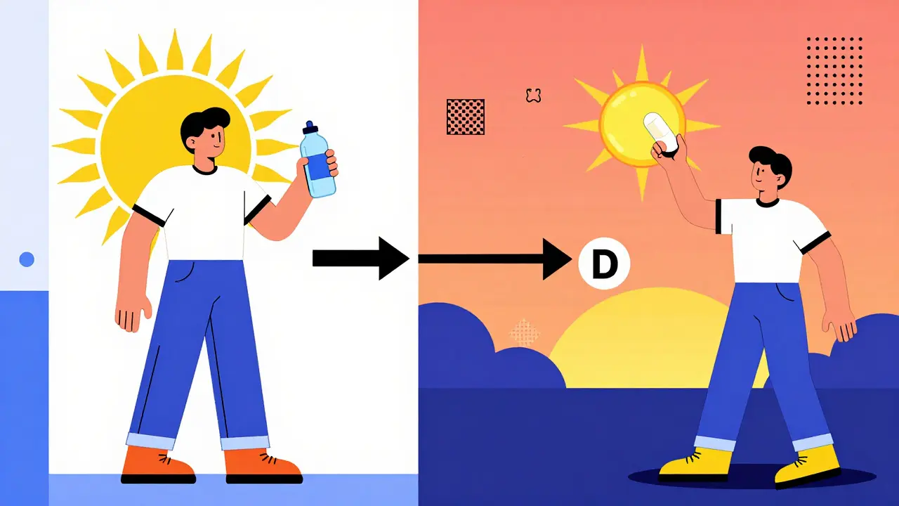 Split-day scene showing morning bisphosphonate and evening calcium with vitamin D sunbeam.