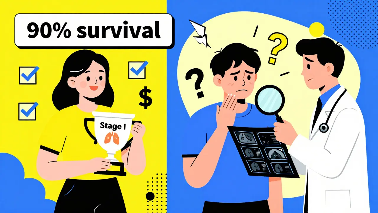 Split scene: happy woman with Stage I lung cancer win vs. anxious man with follow-up costs.