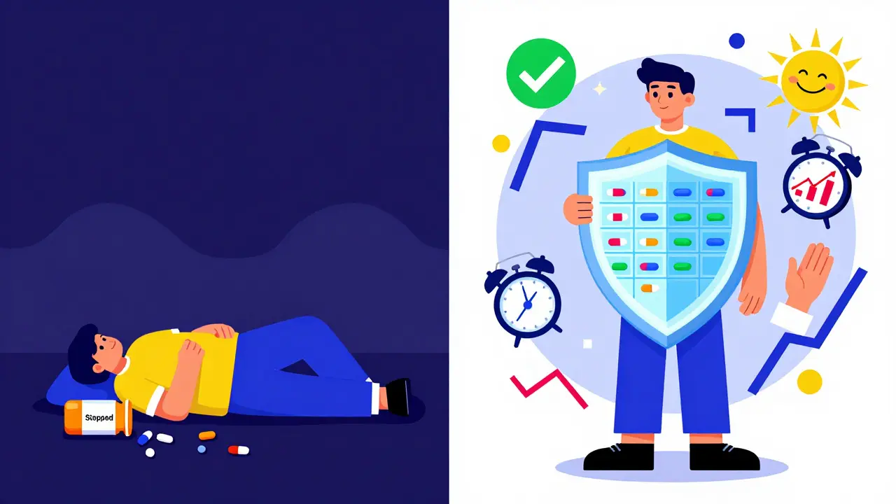 Split scene: person collapsed with broken pills vs. person empowered with health tools, in bold Memphis patterns.