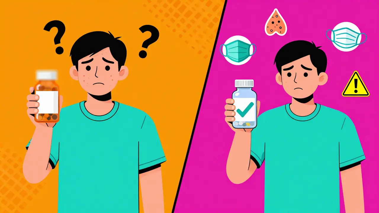 Split scene showing confusion about medication vs. clear understanding with visual cues