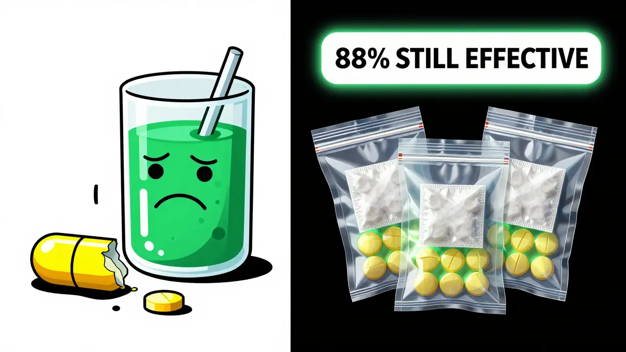 Split scene: spoiled meds on left, protected pills in vacuum bags on right, with a potency banner.