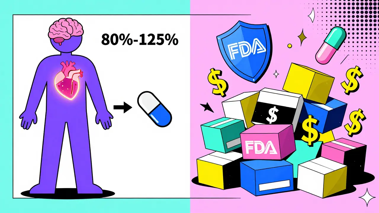 Split-screen illustration comparing generic and brand-name drug costs with FDA shield and bioequivalence arrows.
