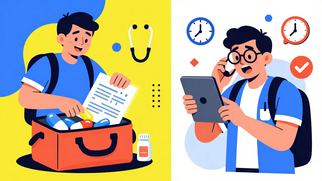 Traveler packing extra meds and video-calling U.S. doctor with floating telemedicine icons