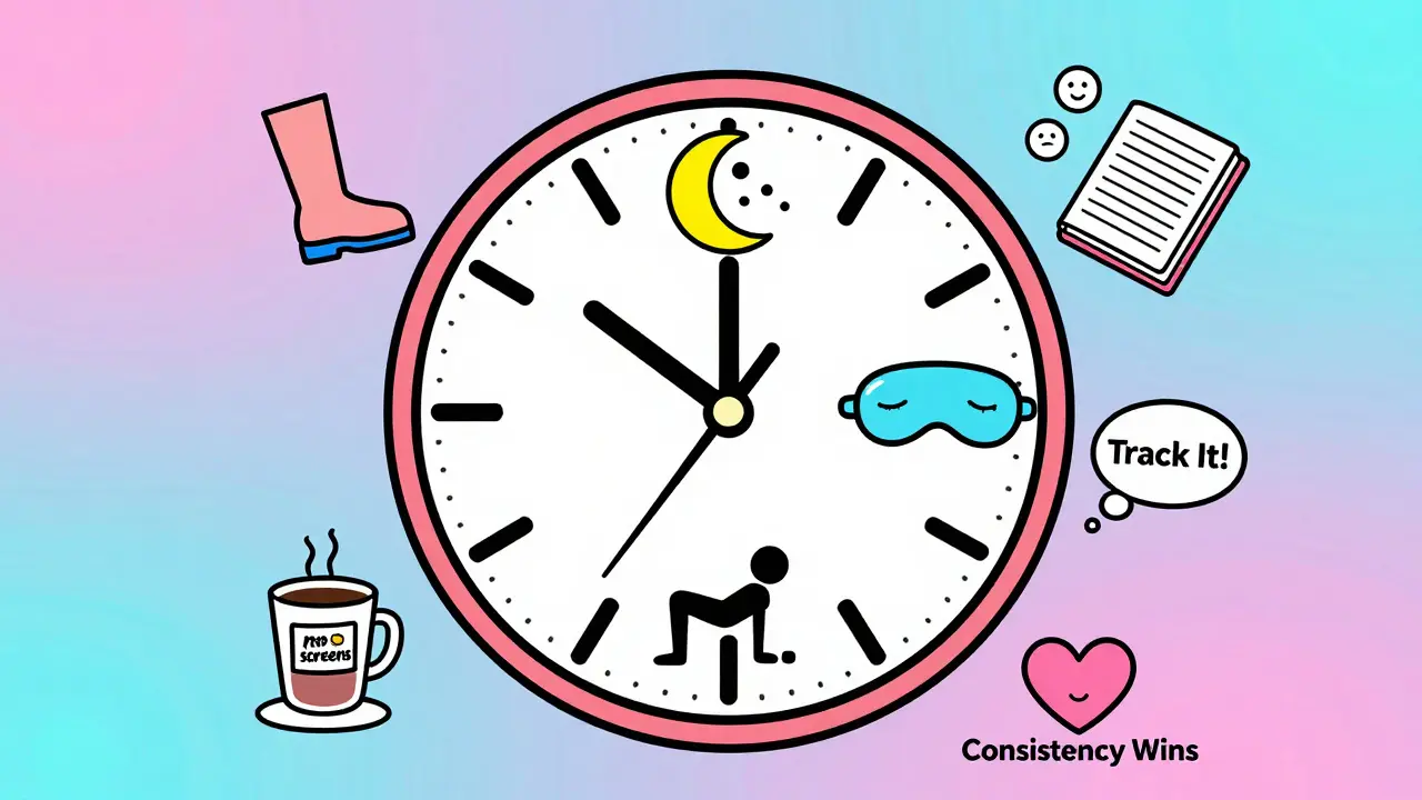 Whimsical clock face showing daily pain management habits in bold Memphis Design patterns