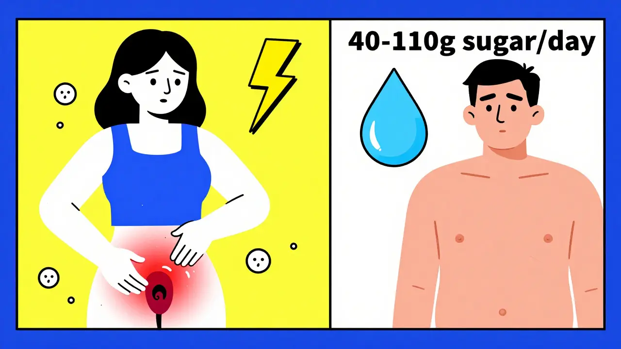 Woman and man experiencing yeast infections from SGLT2 inhibitors in colorful cartoon style