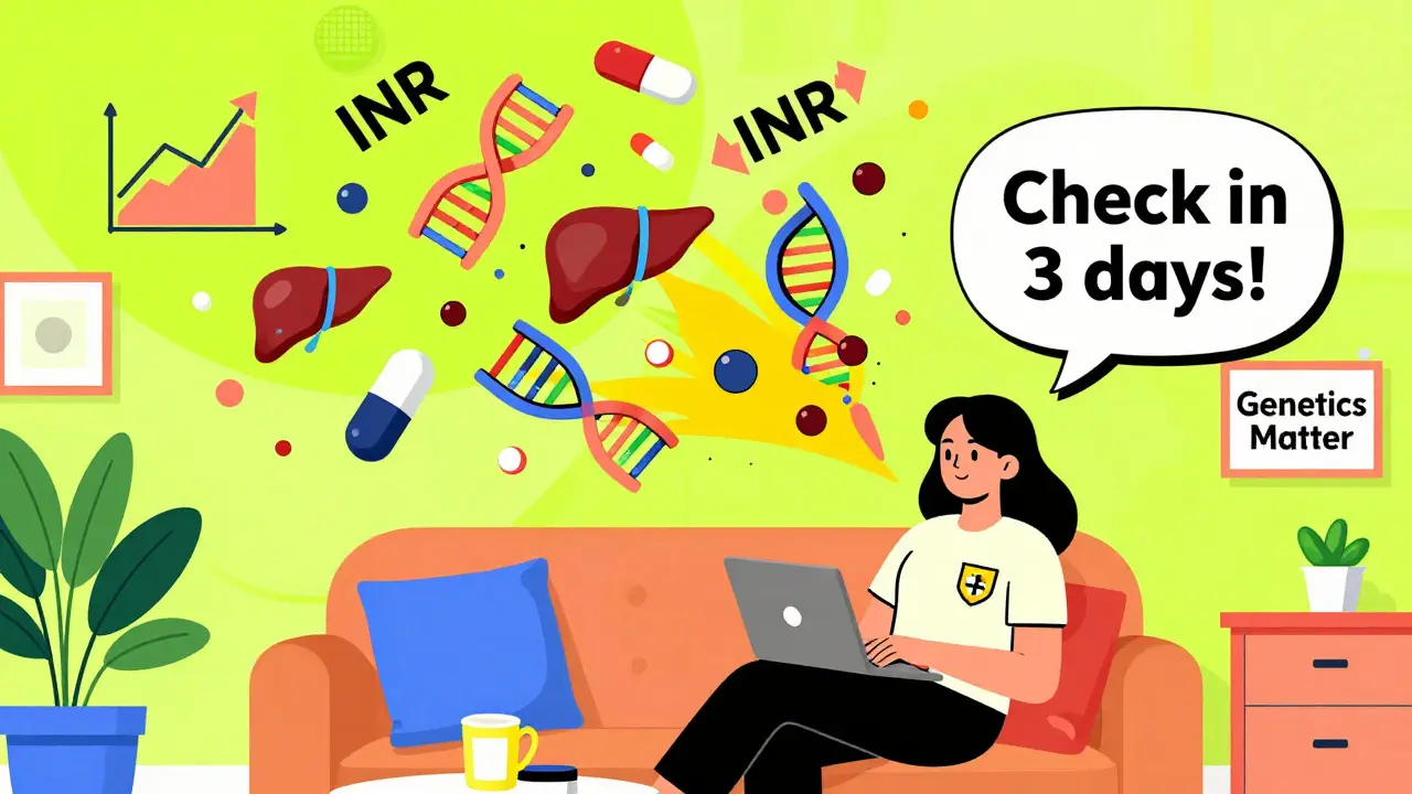 Woman with estrogen patch surrounded by swirling medical icons and INR graphs in vibrant Memphis Design colors.