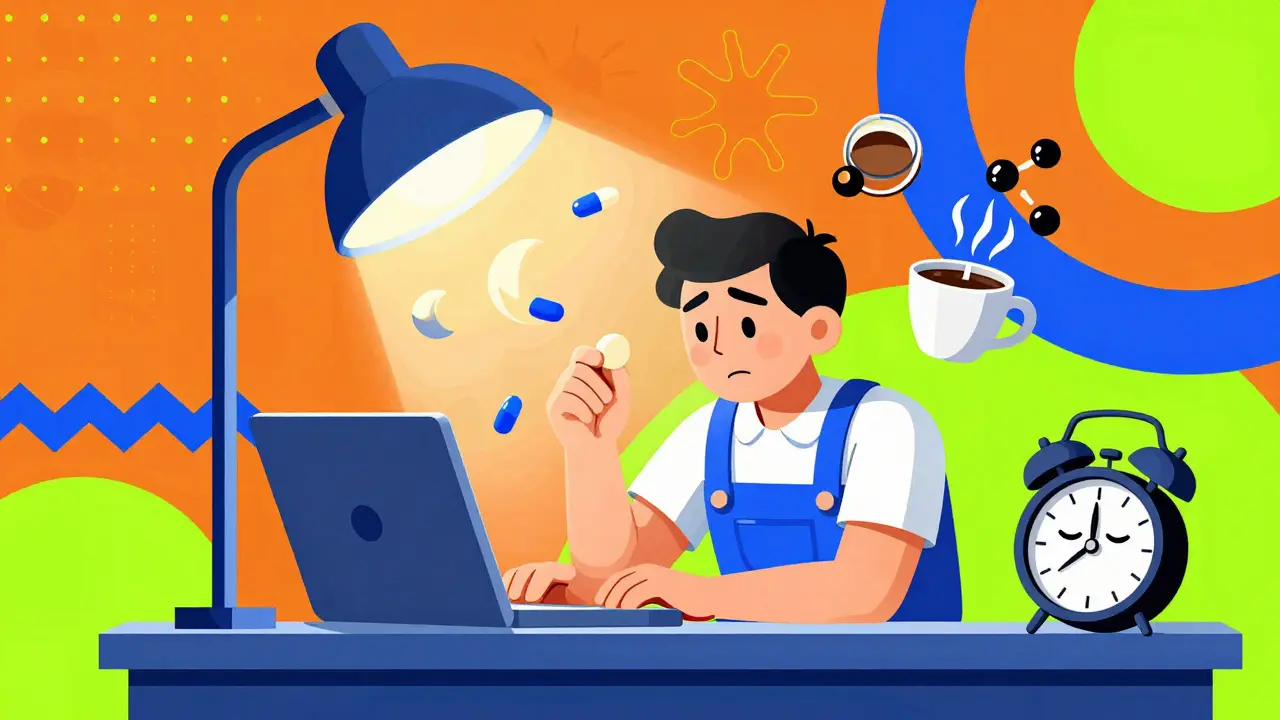 Worker under a bright light box at night, with floating melatonin pills and caffeine molecules in bold Memphis patterns.