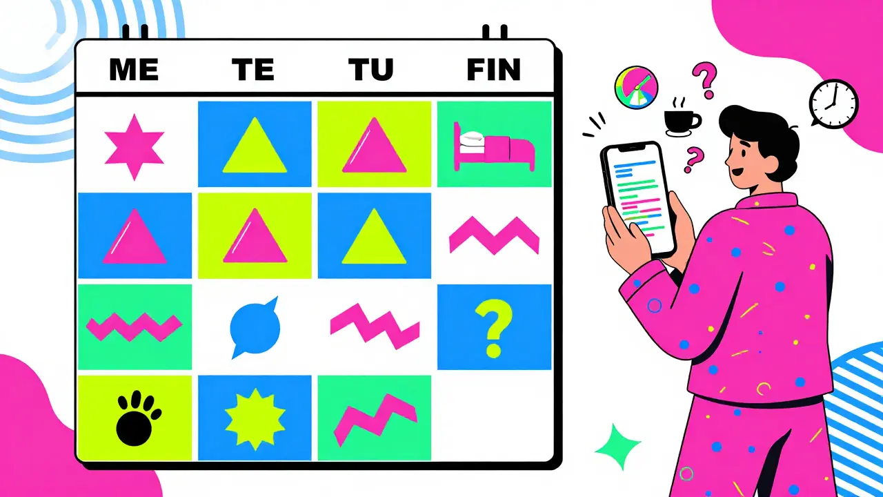 A colorful calendar with wild mood swings and a person using a smartphone to track sleep and speech patterns in abstract Memphis design.