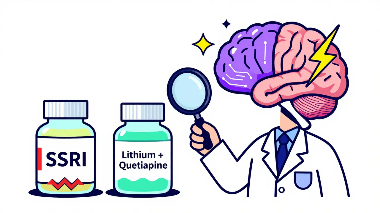 A doctor comparing antidepressant and mood stabilizer pills, with a brain showing stable versus erratic neural patterns in vibrant Memphis style.