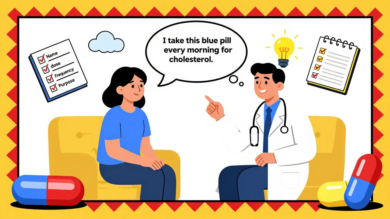A patient repeats medication instructions to a doctor using the Teach-Back Method, with a visual checklist and daily symptom journal nearby.