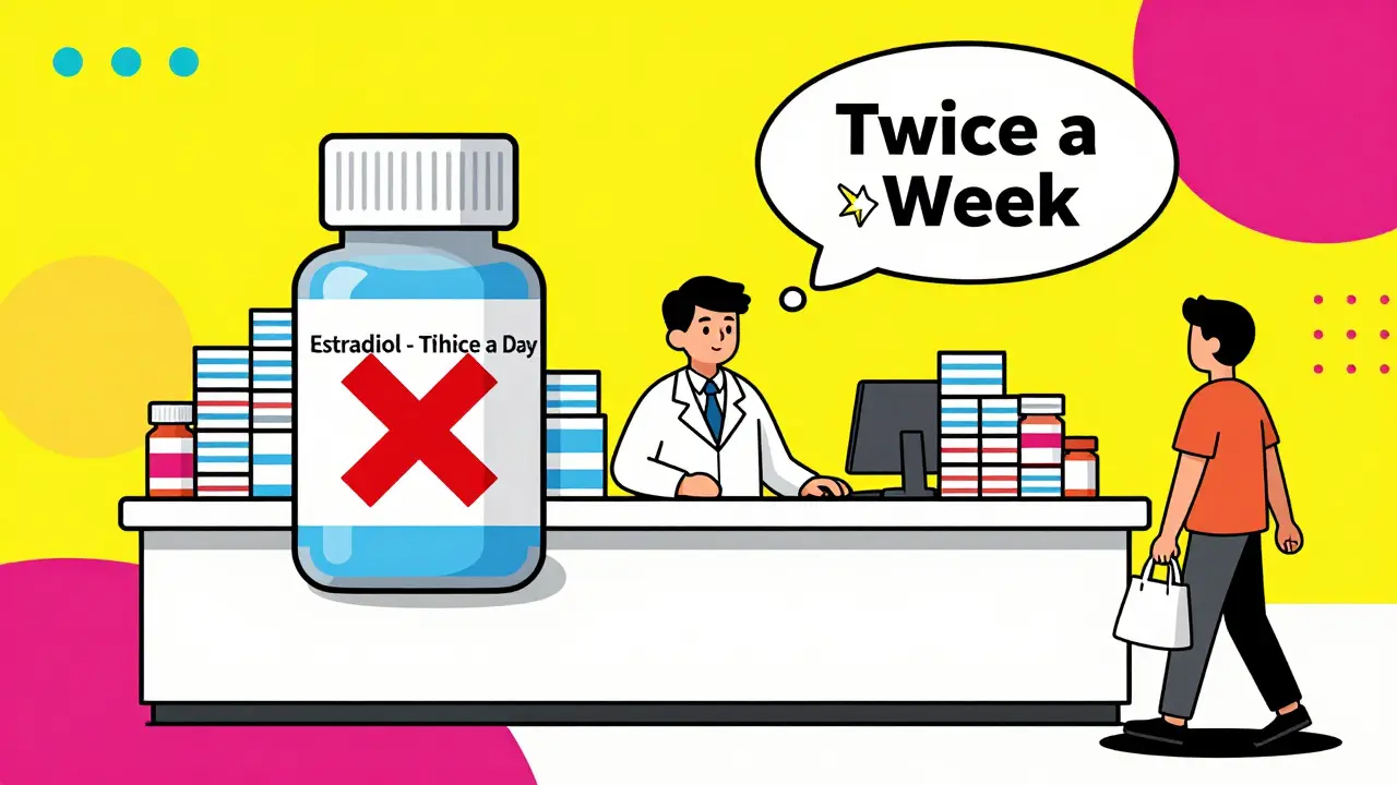 A pharmacist at a retail counter with incorrect prescription labels, while a customer walks away, set against vibrant Memphis-style geometric patterns.