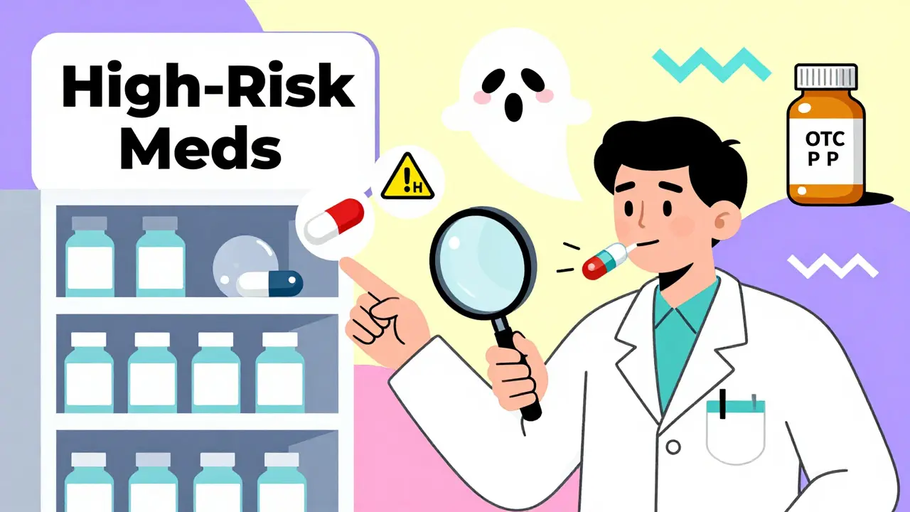 A pharmacist pointing at high-risk pills with floating warning icons, while a patient unknowingly takes an OTC PPI, all in Memphis Design's playful, clashing colors.