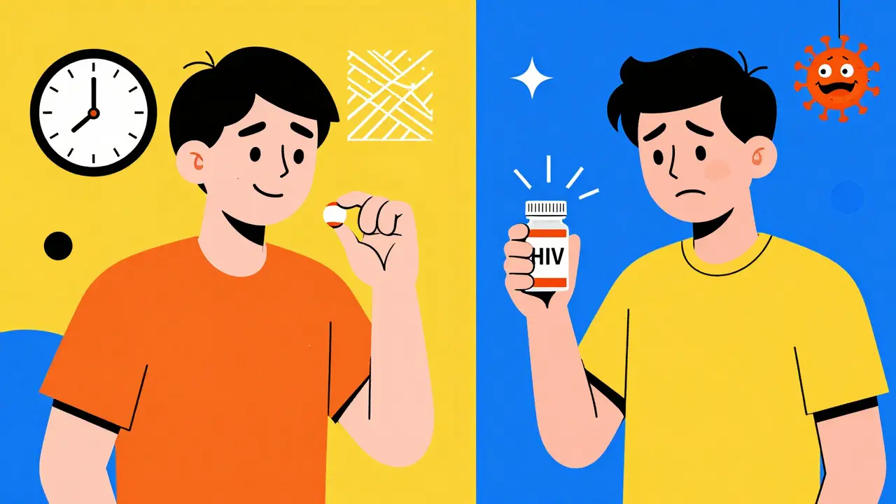 A split cartoon scene showing a PPI pill clocking 14 hours while an HIV drug fails, with vibrant Memphis-style geometric patterns in the background.
