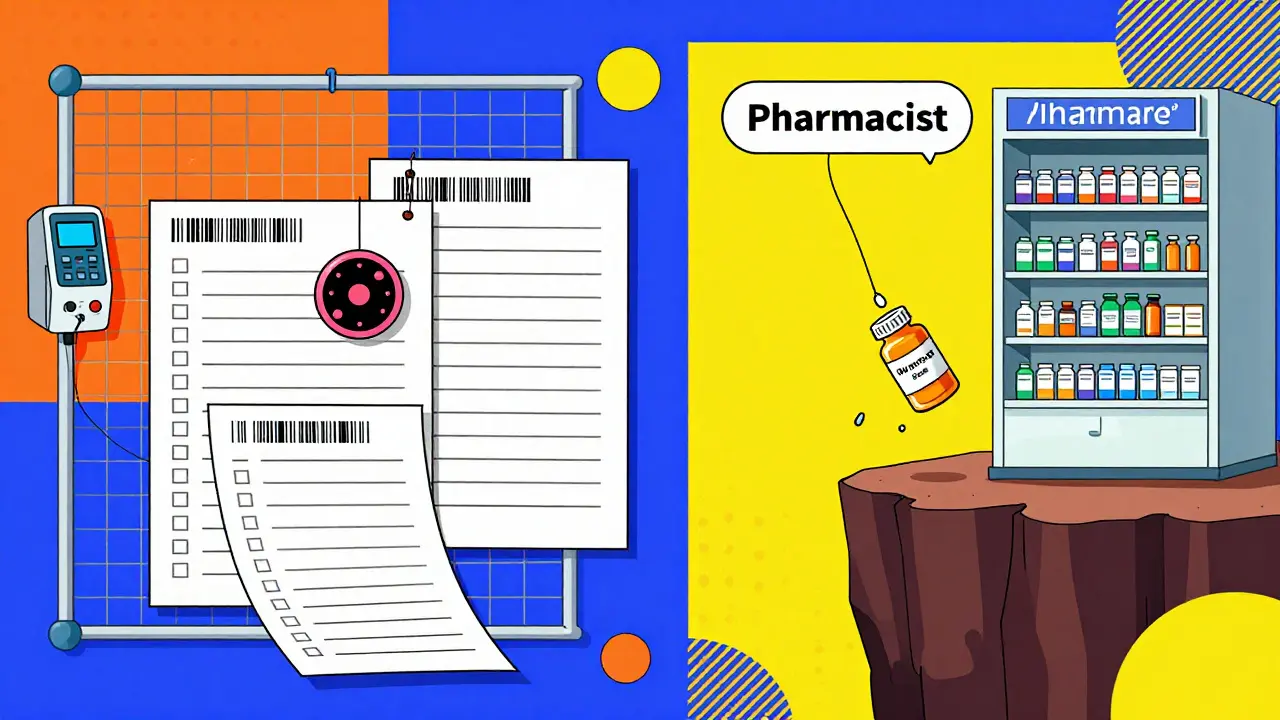 A split scene: hospital safety systems catching errors on one side, a single failing check on the other as a wrong pill falls toward a patient.