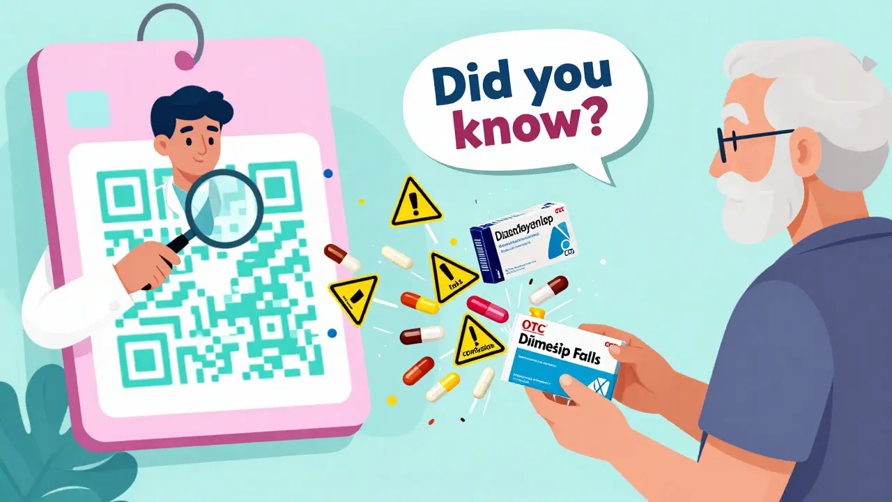 Elderly person taking two OTC drugs with warning symbols floating around, pharmacist checking label with QR code.