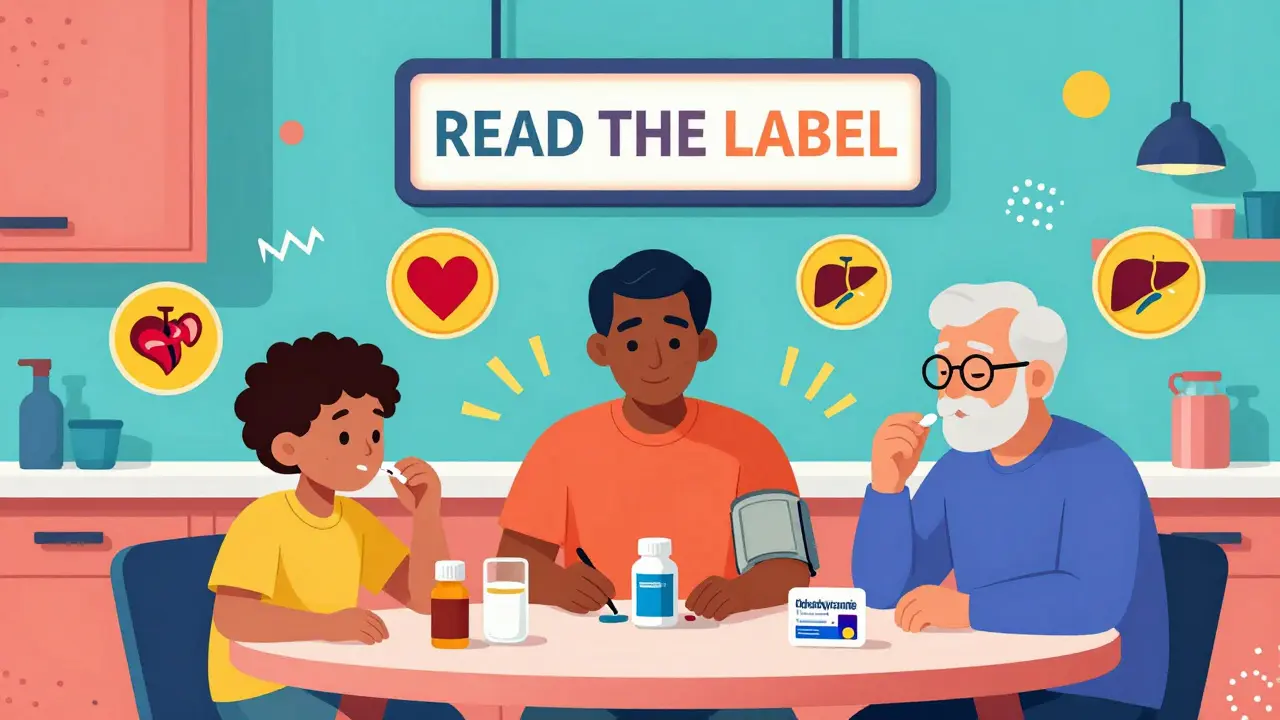 Family members misusing OTC meds at kitchen table, with hazard symbols floating above them in bold Memphis style.