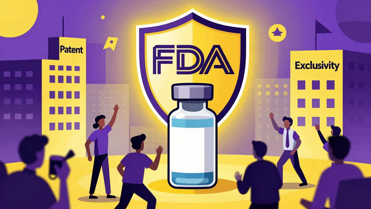 Generic drug companies are blocked by a giant FDA shield protecting a single orphan drug vial, with geometric buildings in the background.
