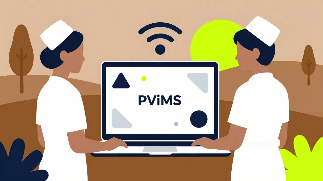 Nurse using PViMS in a rural clinic with abstract geometric interface.