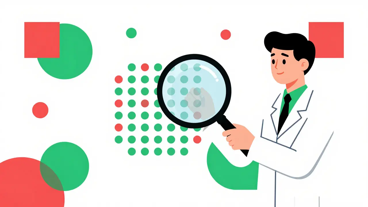 Pharmaceutical researcher analyzing drug safety patterns with abstract geometric shapes.