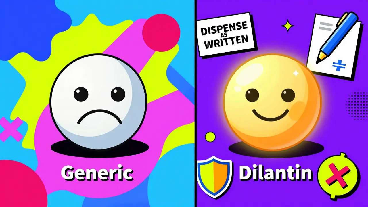 Split illustration comparing frowning generic pill to smiling brand-name pill with legal icons.