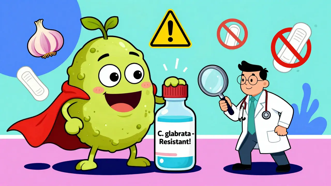 Superhero antifungal tablet fighting a yeast monster, with warning symbols and lab vial in vibrant Memphis design.