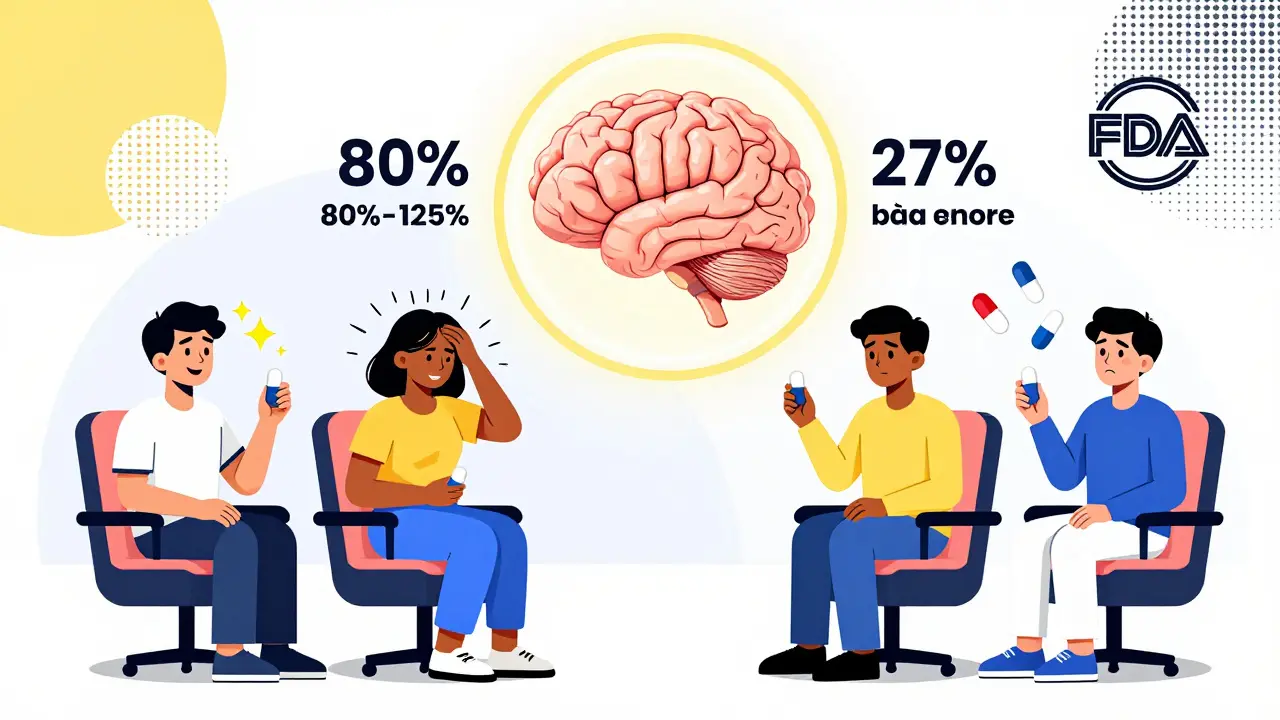 Three people reacting differently to the same pill, with abstract brain patterns showing belief vs nocebo effects, surrounded by geometric shapes and price tags.