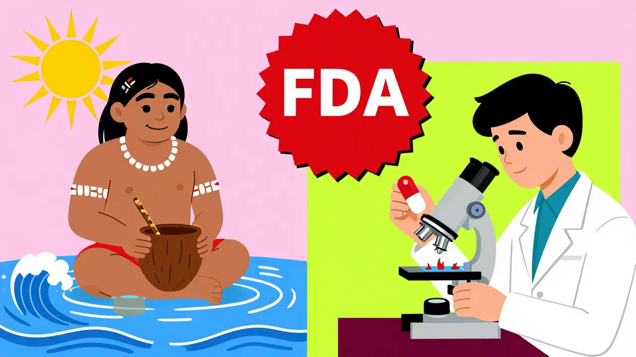 Traditional kava preparation vs. commercial capsule, with a giant FDA warning above.