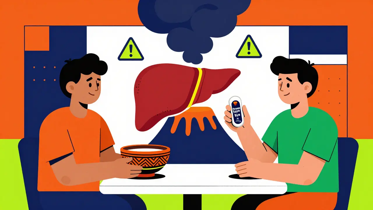 Two figures at a table with contrasting kava forms, a volcano-like liver erupting between them.