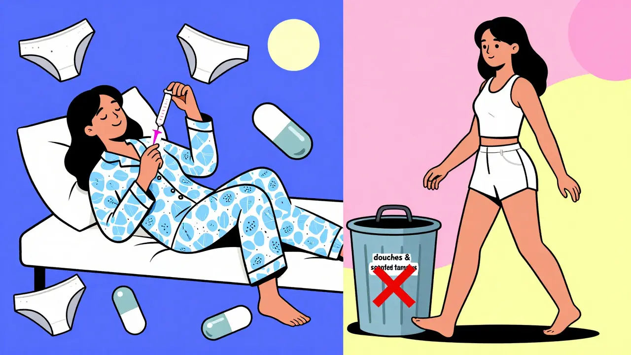 Woman applying vaginal suppository at night, with cotton underwear and probiotics nearby in bold Memphis colors.