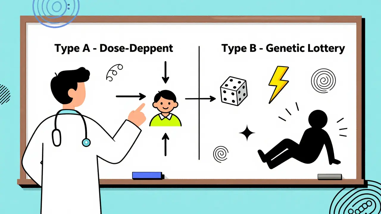 A cartoon doctor explains drug reactions using a Memphis-style whiteboard with geometric symbols, one path calm and linear, the other wild and unpredictable.