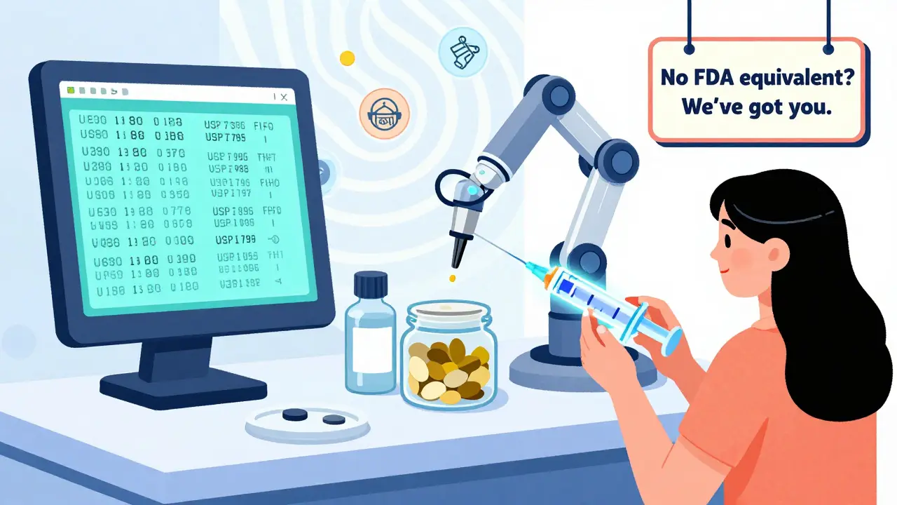 A high-tech workstation prepares a custom cream using genetic data, with compliance icons in the background.