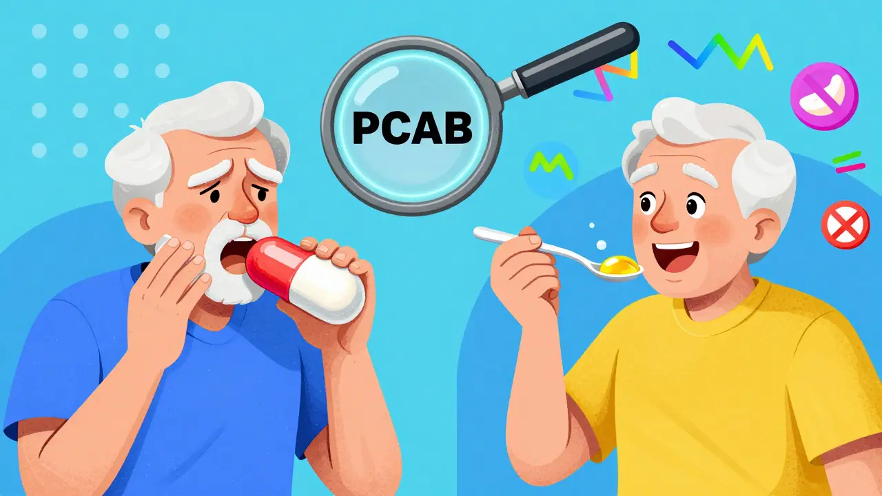 An elderly person switches from struggling with a capsule to happily taking a gel form, with allergen-free symbols around them.