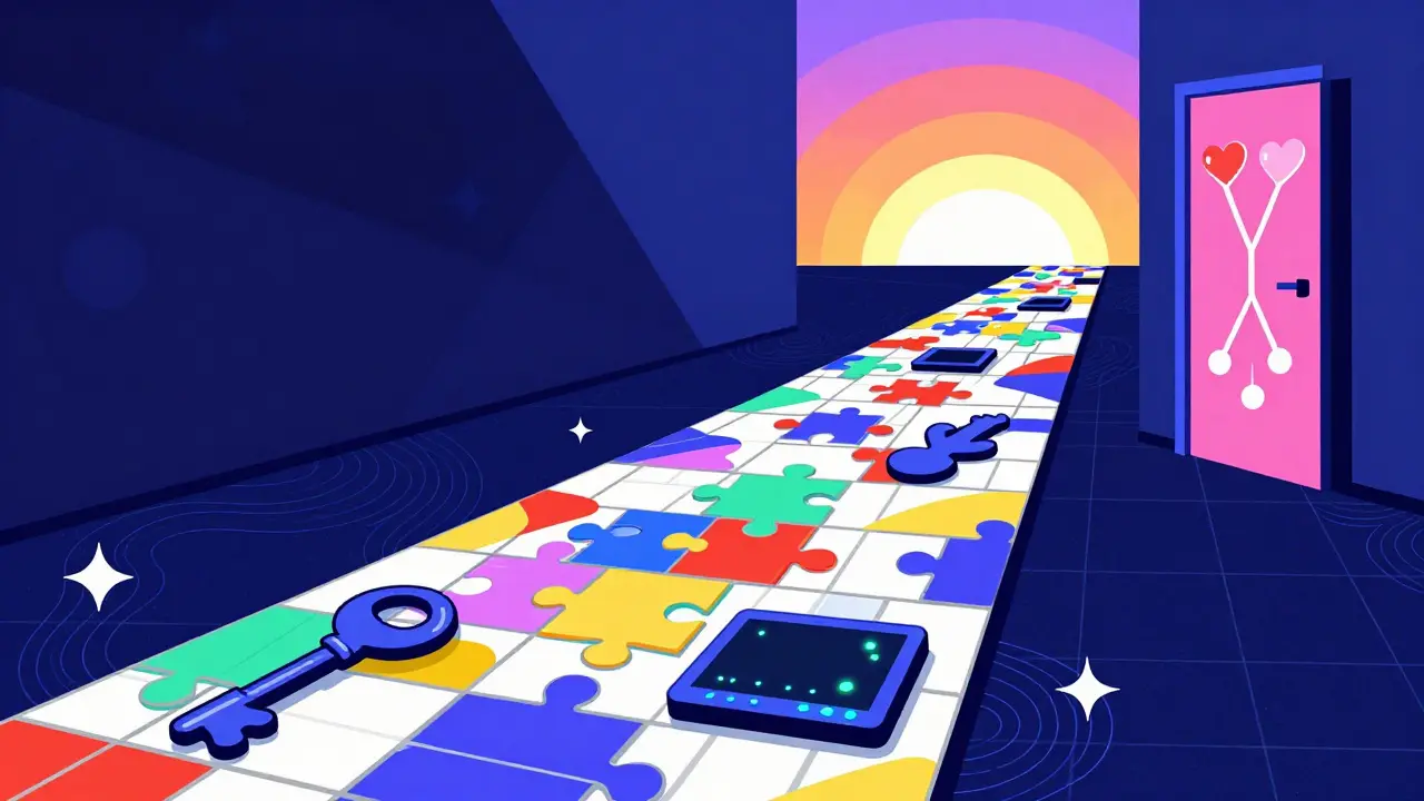 Colorful path with symbols leading to two recovery doors