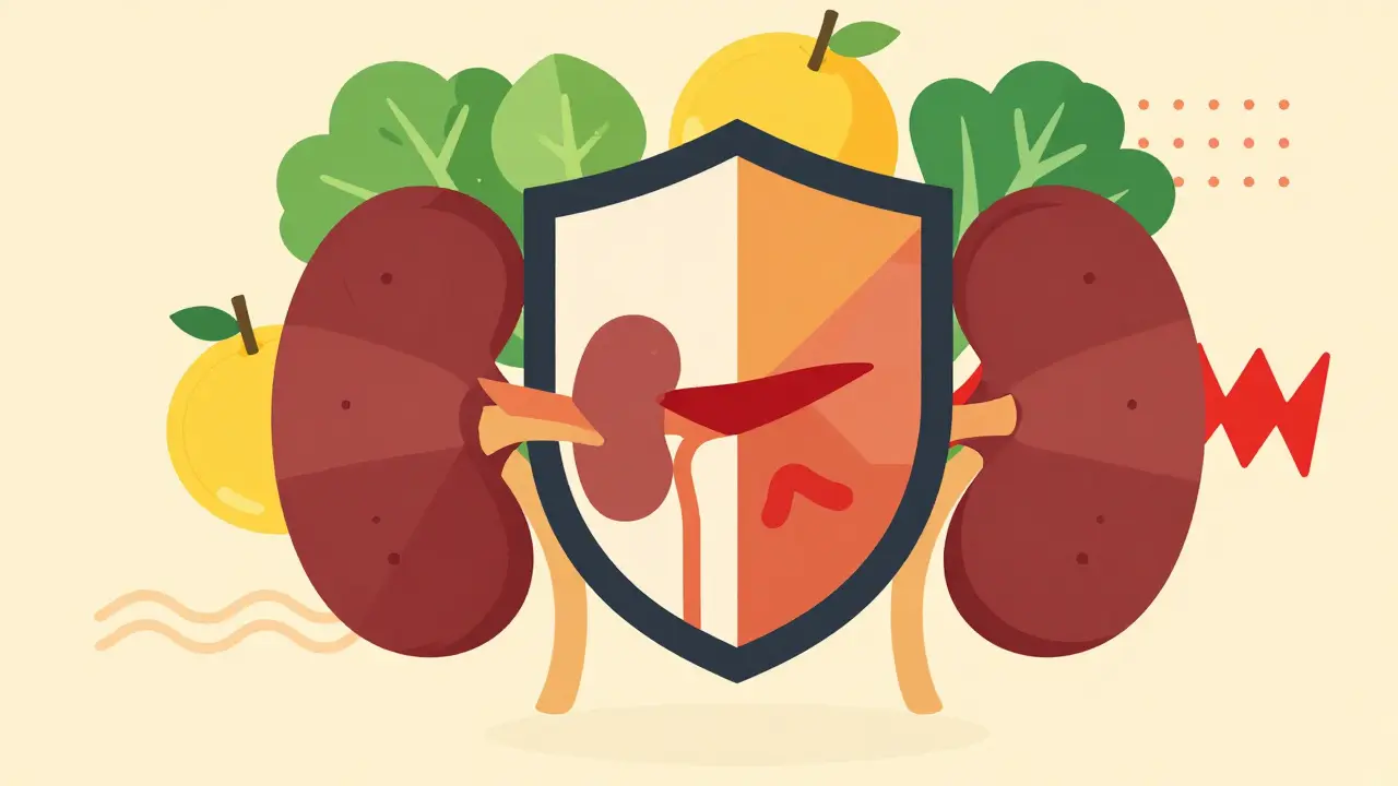 Geometric shield protecting organs with healthy food shapes.
