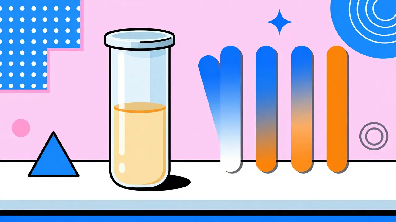 Lab scene with vials and gradient test indicators in Memphis style.