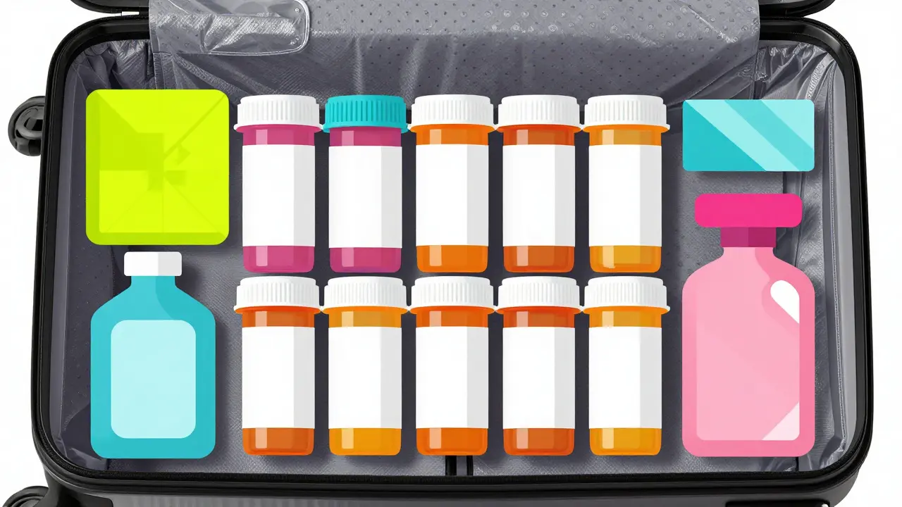 Open suitcase showing organized prescription bottles inside