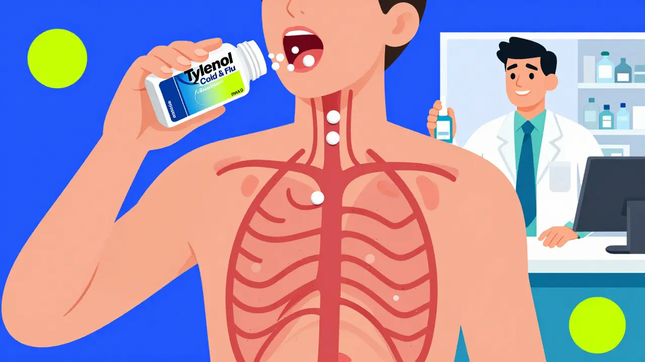 Person taking cold medicine as decongestant molecules spread through arteries, pharmacist offers safe alternative