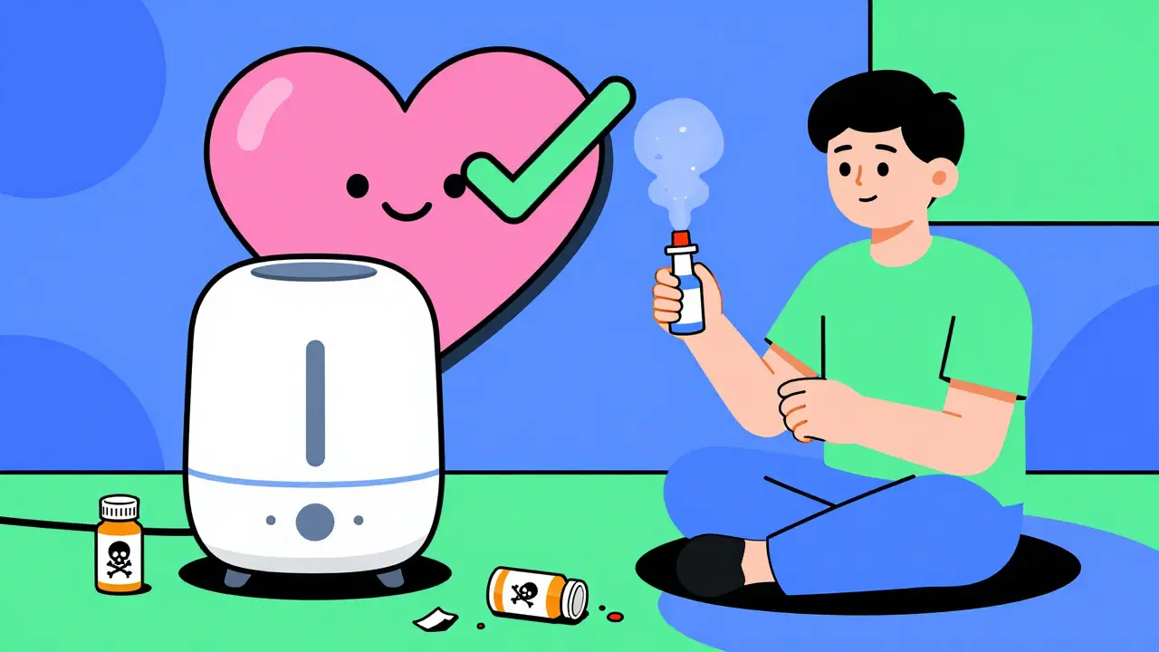 Person using humidifier and saline spray peacefully, discarded decongestant bottles on floor